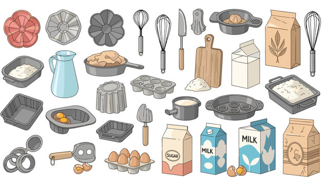 Extensive collection of baking tools and food ingredients like flour eggs milk whisks and bowls on white background.
