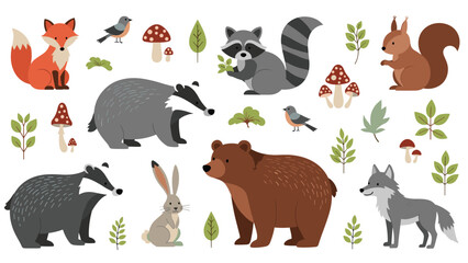 Obraz premium Forest animals collection including bear wolf fox badger raccoon and squirrel in flat vector illustration style.