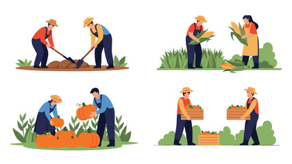 Fototapeta premium Farmers working in fields to harvest various autumn vegetables like pumpkins corn and potatoes for food supply.