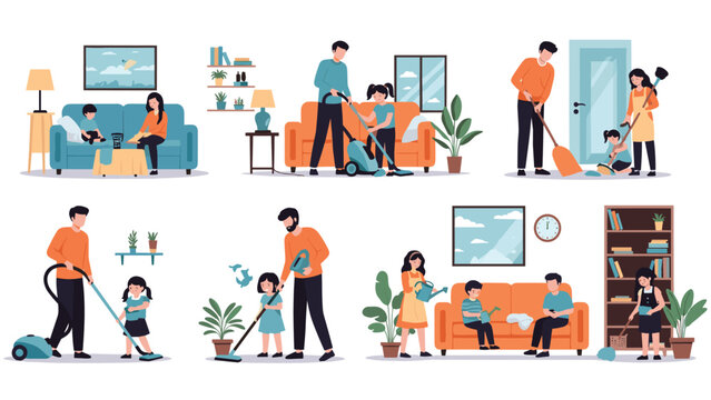 Families and children doing housework together like vacuuming sweeping watering plants and cleaning in rooms.