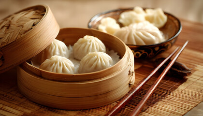 Fototapeta premium Chinese food dim sum bao dumplings bamboo steamer chopsticks beige copy space