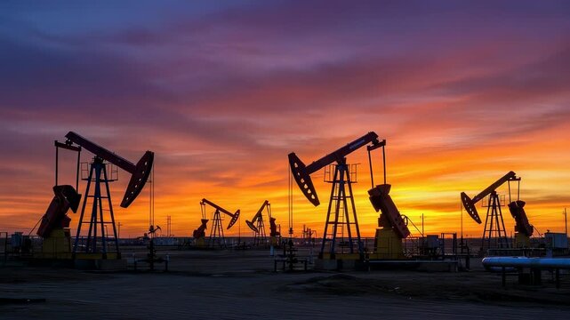 Oil pumpjack field silhouettes at sunset. Industrial machinery extracting fuel from the ground. Energy production landscape with golden sky at dusk in desert area.