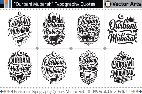 Qurbani Mubarak Typography Quote Set, Eid al-Adha Calligraphy Lettering, Islamic Sacrifice Greeting