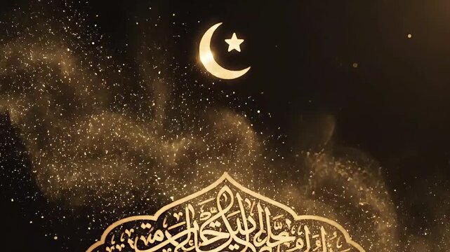 A serene nighttime scene depicts a crescent moon shining above elegant Arabic calligraphy.