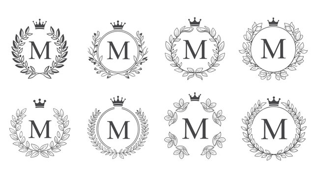 Collection of elegant monogram logo templates featuring the letter M surrounded by various floral wreaths and topped with classic crowns.
