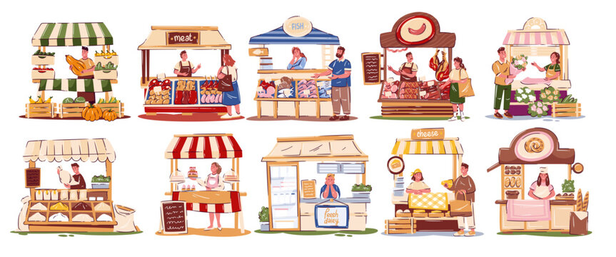Farmers market stalls set with vegetables, meat, fish, cheese, dairy, pastries and flowers in cartoon doodle style, detailed marketplace scene in one composition, vector illustration.