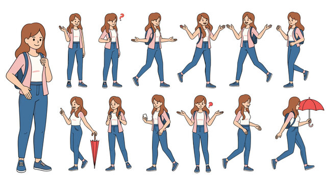 Full body character sheet of a young woman wearing a casual outfit with a backpack in various expressive poses and activities.