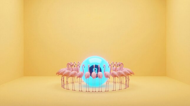 Flamingos circling glowing blue magic 8 ball in minimalist yellow room surreal concept