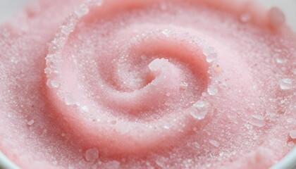 Obraz premium Extreme macro close-up of a soft pink sugar body scrub arranged in a smooth swirling texture, revealing fine exfoliating crystals and creamy consistency. Minimalist beauty composition highlighting ski