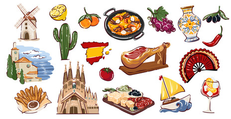 Spain travel icon set with landmarks, food, music and culture symbols: paella, ham, fan, flamenco, guitar, windmill, sailing boat, fruits and ceramics. Spanish themed details, vector illustration. © Victoria Sergeeva