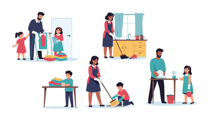 Fototapeta premium Happy families working together to complete various household chores like cleaning laundry and washing dishes at home.
