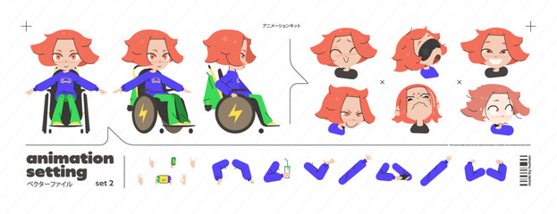 Fototapeta premium Character Kid Student Set for Game Video Animation with Vector Cartoon Girl in Wheelchair. School Front and Side Design with Emotion, Expression, and Online Stream Concept in Flat
