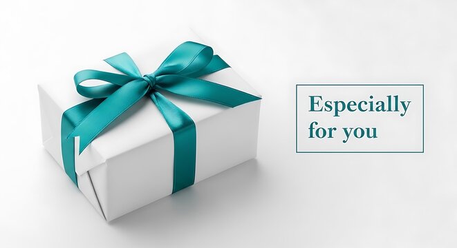 Elegant white gift box with a teal ribbon and message