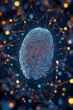 Abstract biometric fingerprint with glowing digital network lines for identity verification