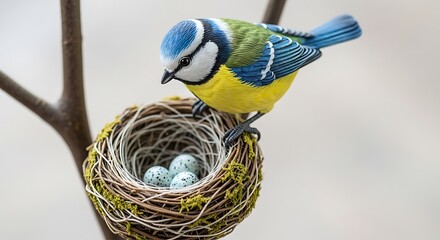 Naklejka premium Small Blue Tit Bird Guarding Its Nest With Three Eggs