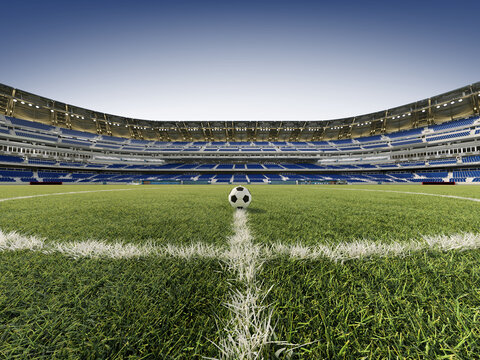 3D rendering of a modern football stadium with a soccer ball at the center circle, wide-angle perspective of empty blue seats and green grass field.