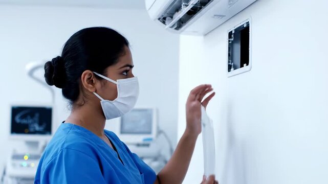 Healthcare Worker Maintaining Air Conditioning System in Medical Setting.