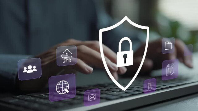 Secure data protection concept. Person typing keyboard with cybersecurity and data protection icons, information security, privacy protection and digital safety.