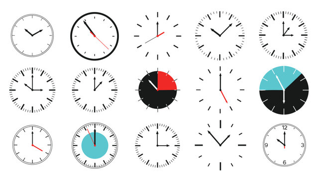 Wide variety of clock faces showing different times and designs from simple minimal markers to detailed numeric dials.