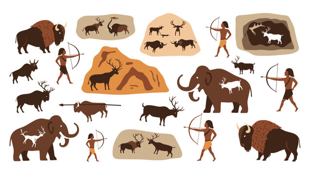 Collection of ancient cave paintings depicting prehistoric hunters with bows and animals like bison mammoths and deer.