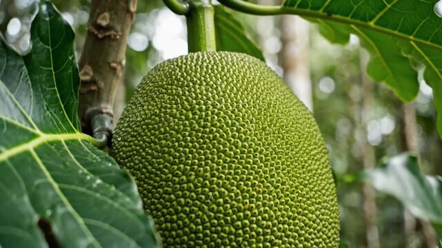 Close-up footage of breadfruit in tropical nature