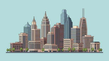 Fototapeta premium Modern metropolitan skyline featuring a dense cluster of skyscrapers and tall buildings under a clear blue sky.