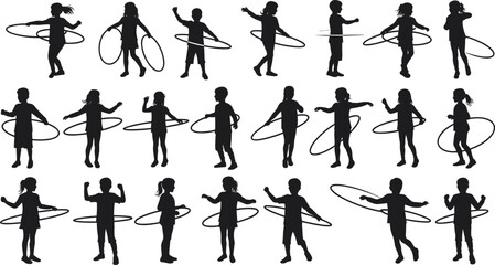 Children silhouette hula hoop collection, kids playing poses, active fun illustrations, vector design, playful activity graphics, exercise artwork set, fitness theme © It's Sohan Here