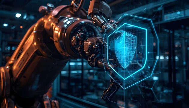 Industrial robotic arm in a smart factory with digital shield icon for secure manufacturing