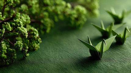 Green origami cranes on a soft green background with blurred foliage, symbolizing peace, hope, remembrance and resilience in a calm, minimal, contemplative scene