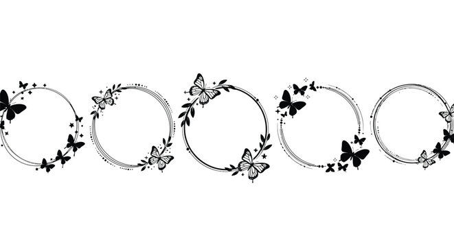 Five circular frames decorated with butterflies and leaves.