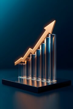 Professional 3D glowing glass bar chart with golden arrow pointing upwards for success