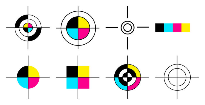 PNG Colorful print registration marks element set on transparent background