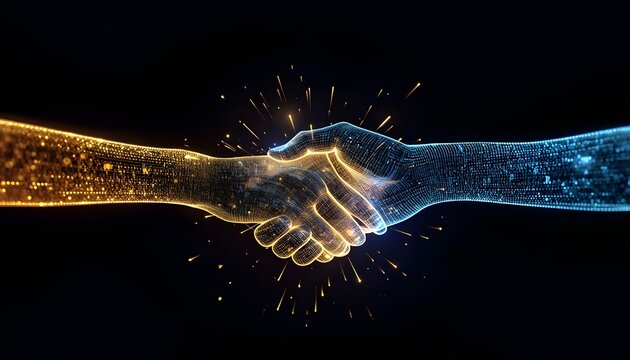 Two glowing digital hands made of light particles shaking for virtual partnership concept