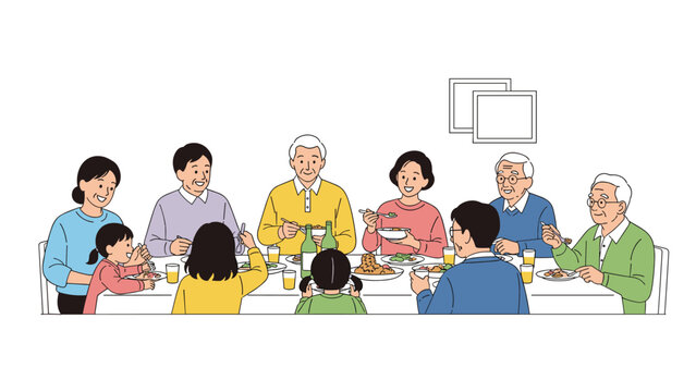 Diverse group of people of different ages sitting around a dinner table and enjoying a meal together in a simple line art style.