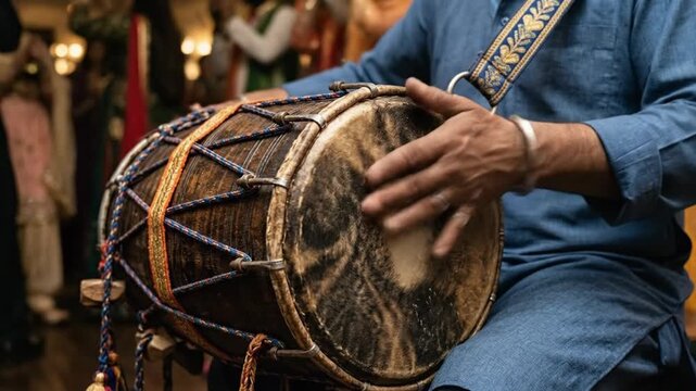 Close-up of a musician playing a traditional dhol drum with his hands at a vibrant baisakhi celebration.