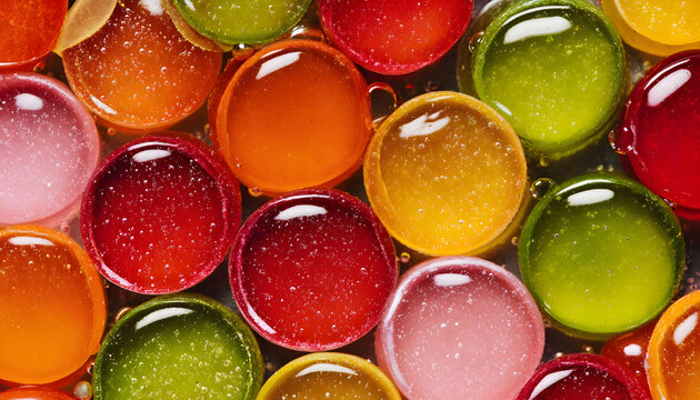 Assortment of fruity marmalade candies scattered closely together. Vivid colors like red, green, orange, pink, and yellow form a sweet, sugary pattern