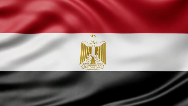 Waving Flag of Egypt Featuring Red White and Black Horizontal Stripes with Golden Eagle of Saladin