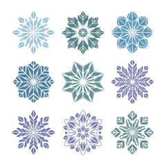 Fototapeta premium Set of Geometric Snowflakes Icons, Winter Design Elements, Blue and Green Tones