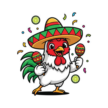Cartoon chicken wearing a sombrero and holding maracas with confetti on a white background, conveying a festive mood.