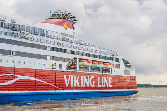 Helsinki, Finland - August 06 2025: Large Passenger Cruise Ship Viking XPRS arriving port.