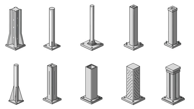 Isometric architectural base plate pillars and support columns in various industrial designs for construction projects.