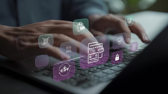 Digital wallet and online payment concept. Person using laptop with mobile payment and financial transaction icons, secure digital payment, cashless transaction and fintech technology.