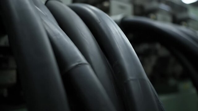 Close-up of industrial black rubber hoses conveying fluid in a factory setting with shallow depth of field industrial equipment in background