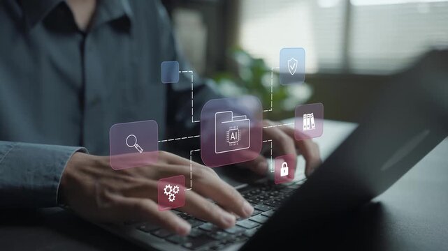 AI document management automation concept. Person using laptop with artificial intelligence and document workflow icons, automated file processing, smart document organization and digital workflow.
