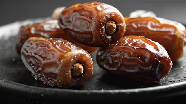 Close up of ripe dates piled on a dark slate plate glistening with moisture against a dark background in soft studio lighting