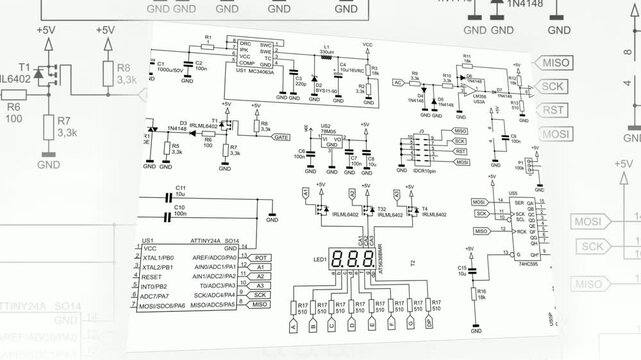 Video animation with schematic diagram of digital electronic device. Drawing electrical circuit with lcd display, operational amplifier, integrated circuit, 
capacitor, resistor, transistor, cpu.