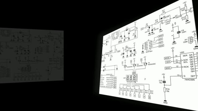 Video animation with schematic diagram of digital electronic device. Drawing electrical circuit with lcd display, operational amplifier, integrated circuit, 
capacitor, resistor, transistor, cpu.