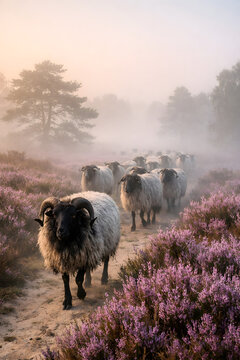 Flock of Heidschnucke sheep walking through morning fog in blooming heather fields of L&uuml;neburg Heath, Germany. Mystical pastoral landscape with soft sunrise light and traditional northern countryside 