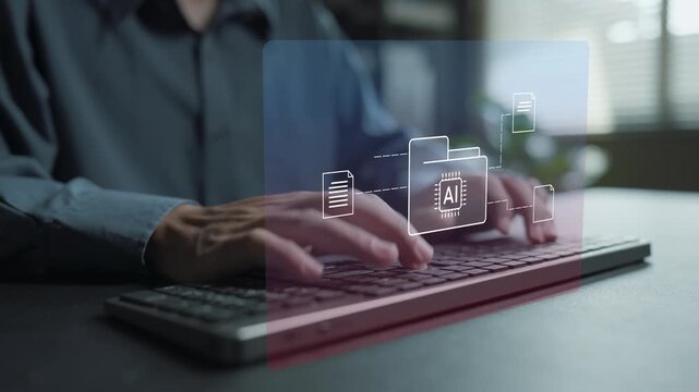 AI digital document management concept. Person typing keyboard with artificial intelligence and file management icons, smart document organization, automated workflow and digital information control.