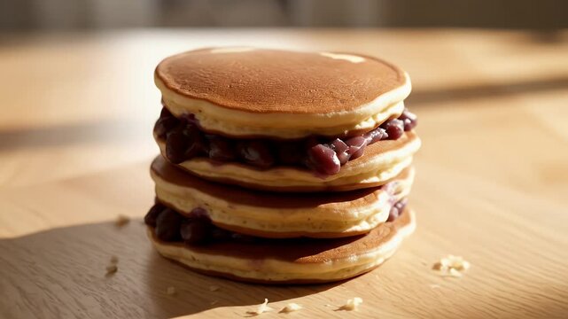 Close Up Of Stacked Dorayaki Pancakes Filled With Red Bean Paste Rotating On A Wooden Surface With Soft Natural Light